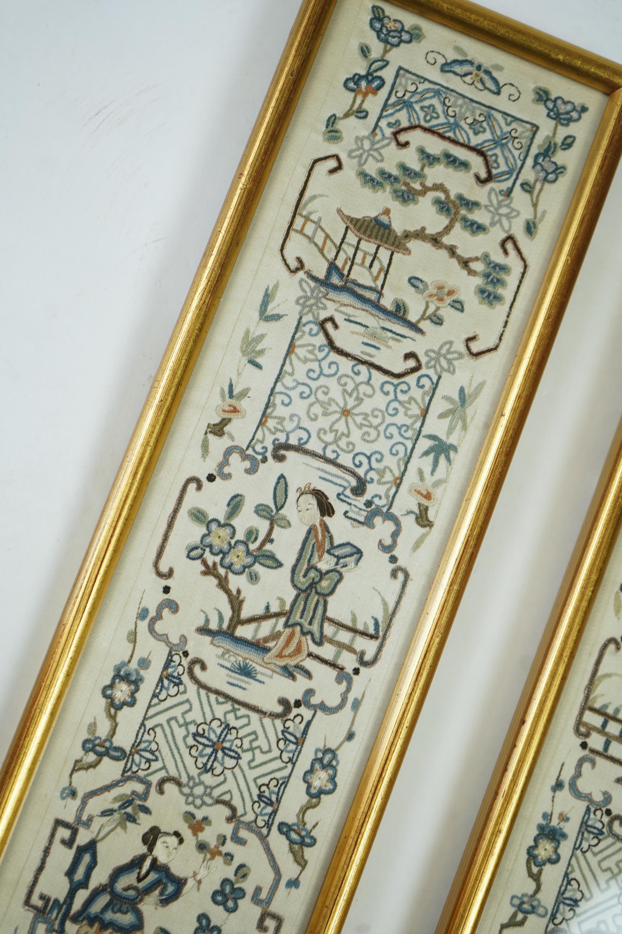 A pair of 19th century Chinese figural silk embroidered sleeve bands. Embroidered in Chinese knot stitch, mostly in blues silk threads on a cream silk backing. 49cm long x 9.5cm wide., Condition - backing fabric and embr